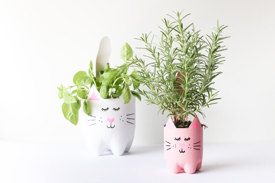 Upcycle plastic bottles into planters with  cute animal faces